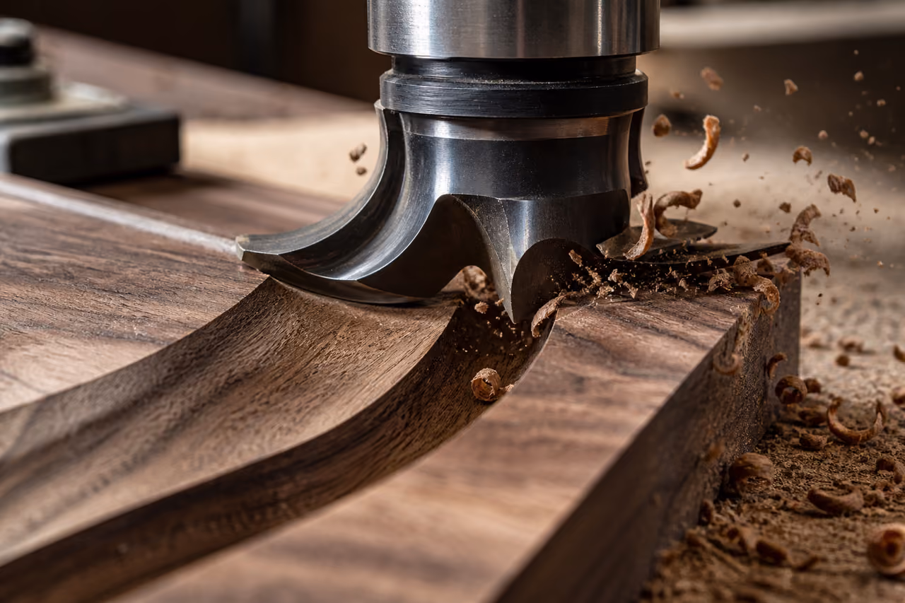 Router Fluting Bit Carving a Groove in Walnut Wood
