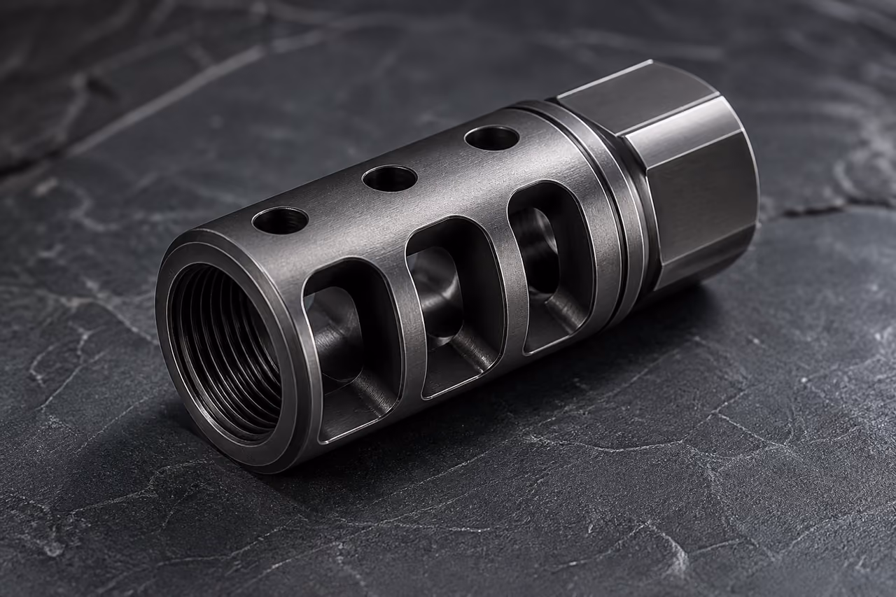 Steel Muzzle Brake for Mini 14 on Slate Background