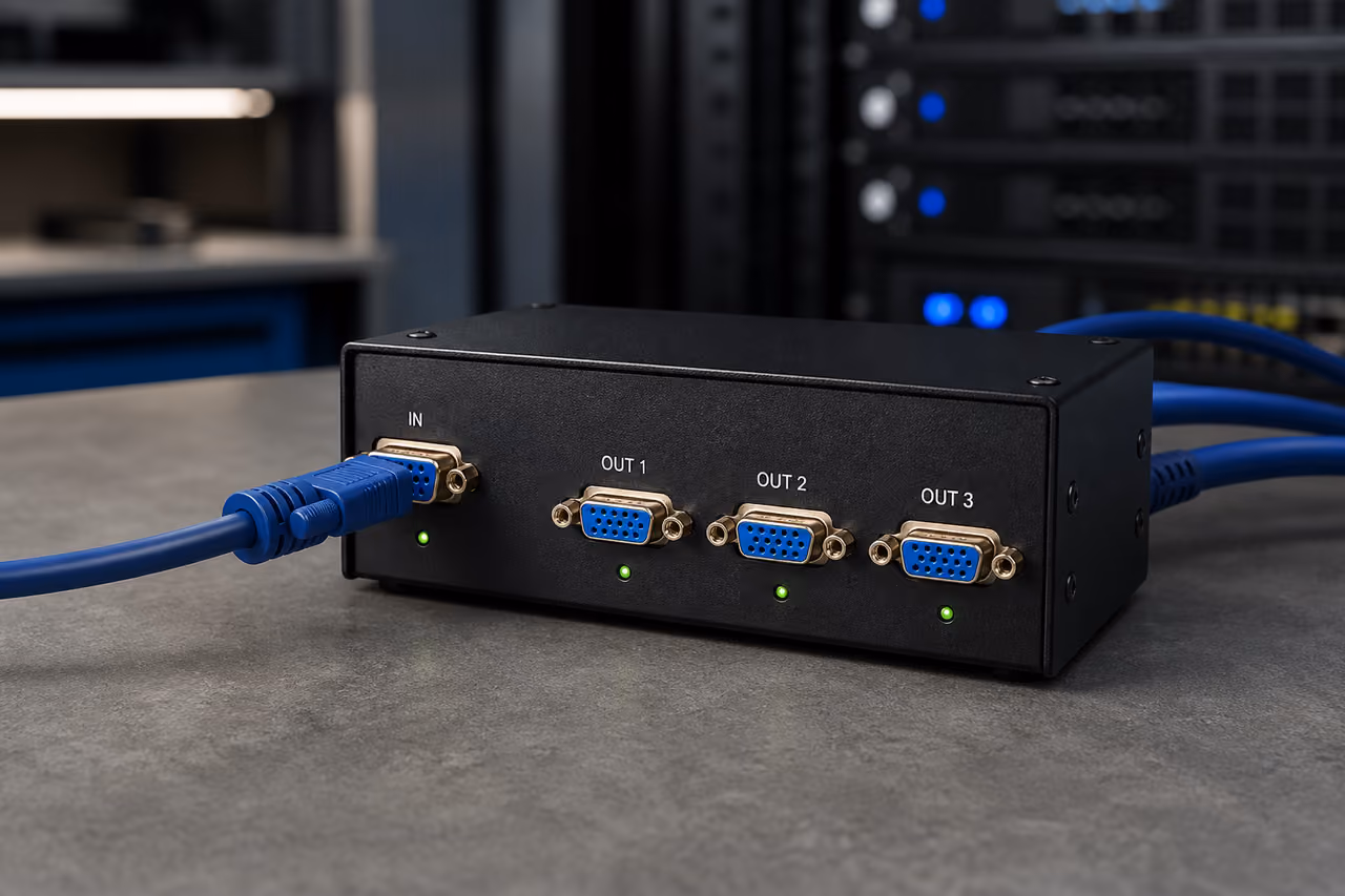 Triple Vga Splitter with Blue Cables on Technical Workbench