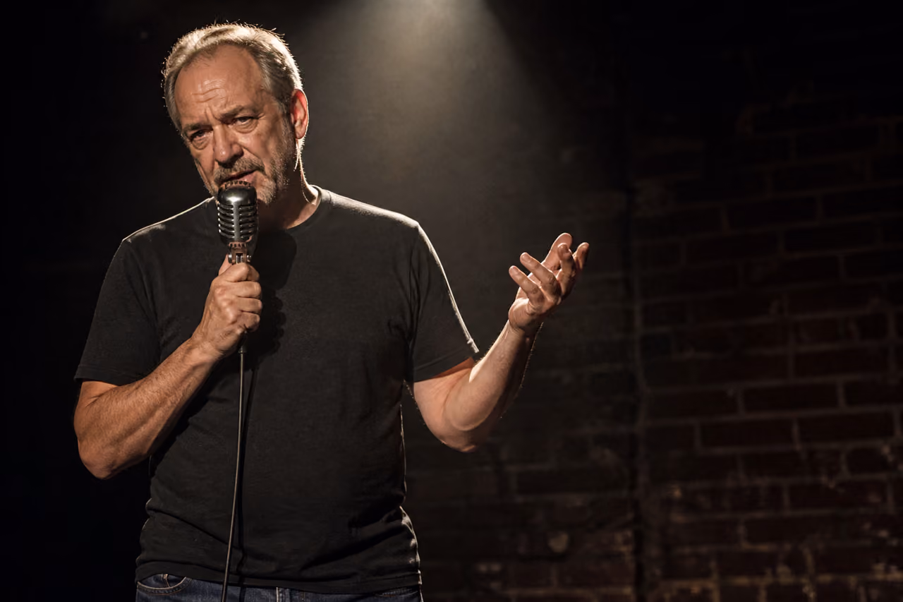 Comedian Performing a Monologue on a Dimly Lit Stage
