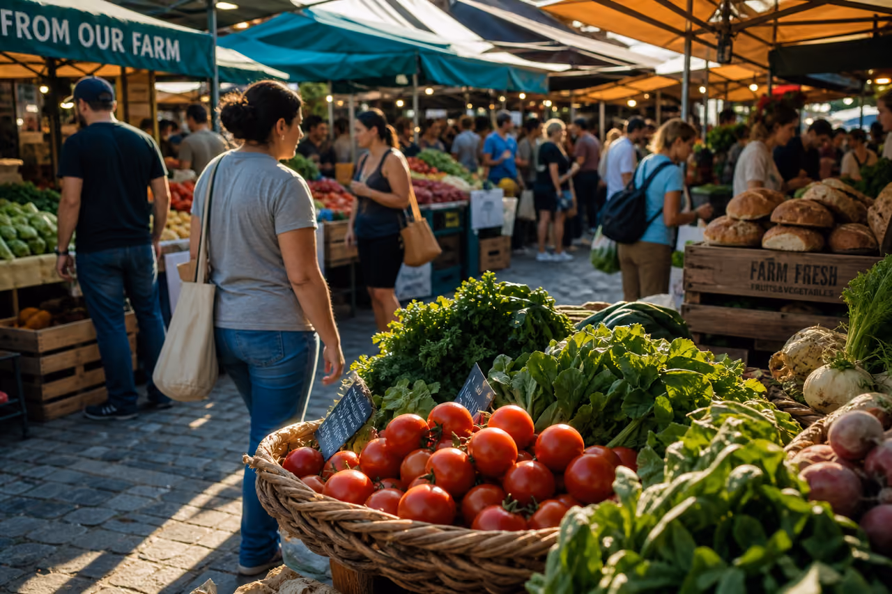 Vendors and Customers at a Vibrant Open Air Market