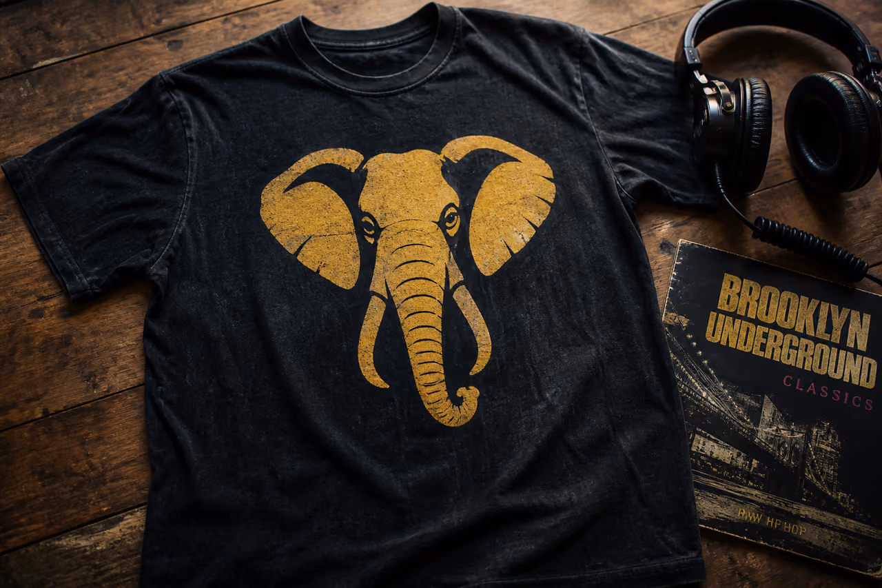 Vintage T-Shirt Featuring an Elephant Logo and Music Gear
