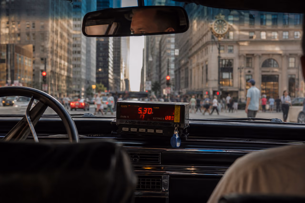 Yellow Taxi Cab Fare Meter on a Chicago Street