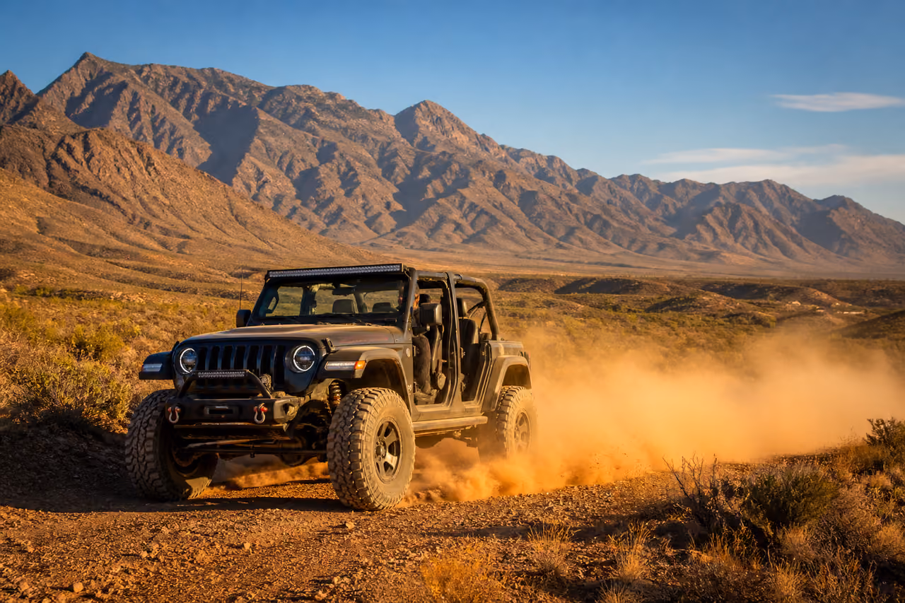 Off-Road Vehicle Driving Through Red Dust in El Paso Texas