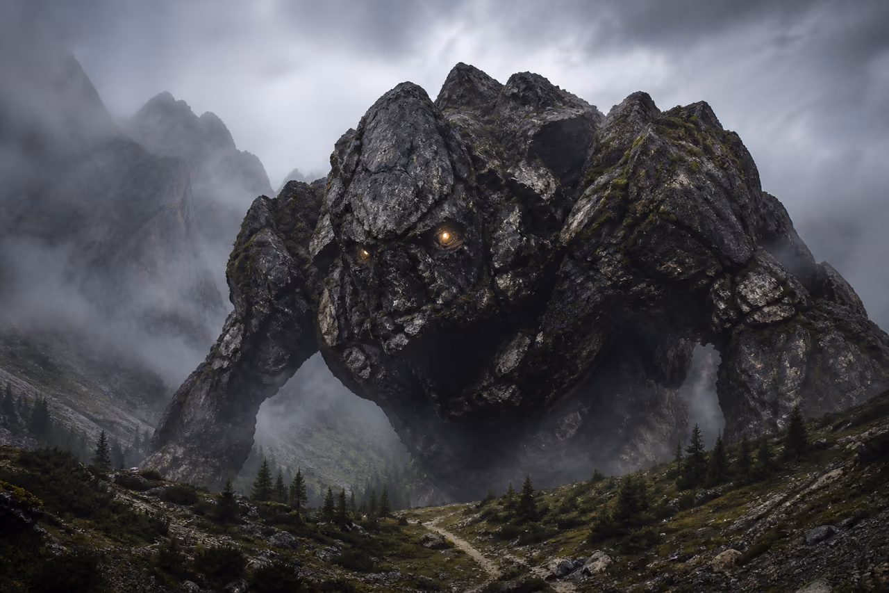 Giant Stone Monster Emerging from Misty Mountains