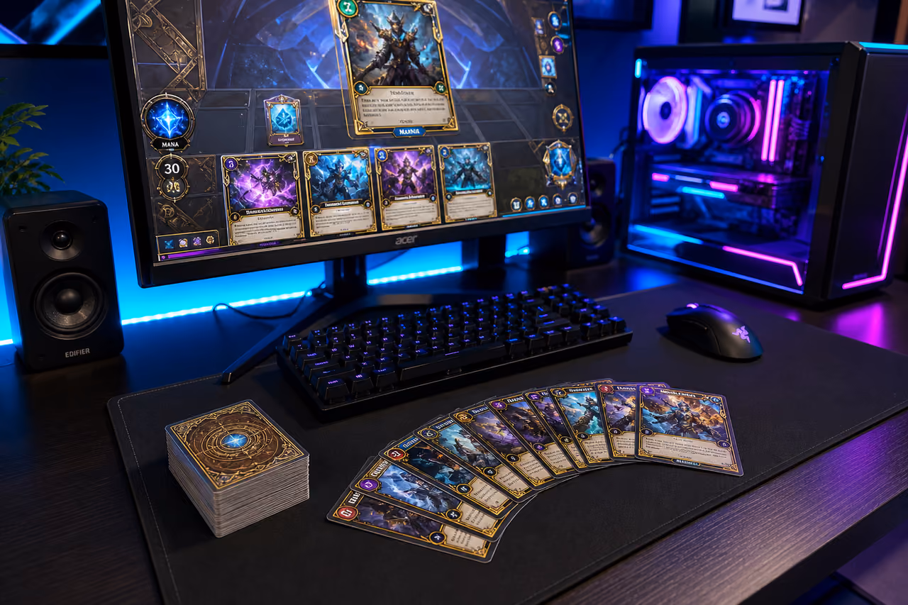 Trading Card Game Setup with Pc and Physical Cards