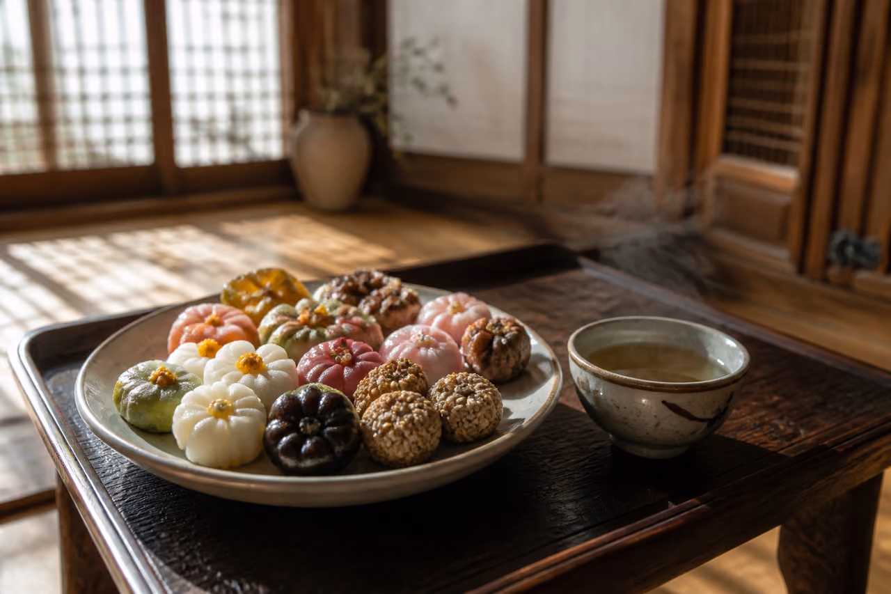 Platter of Traditional Korean Nadong Rice Cakes in Hanok