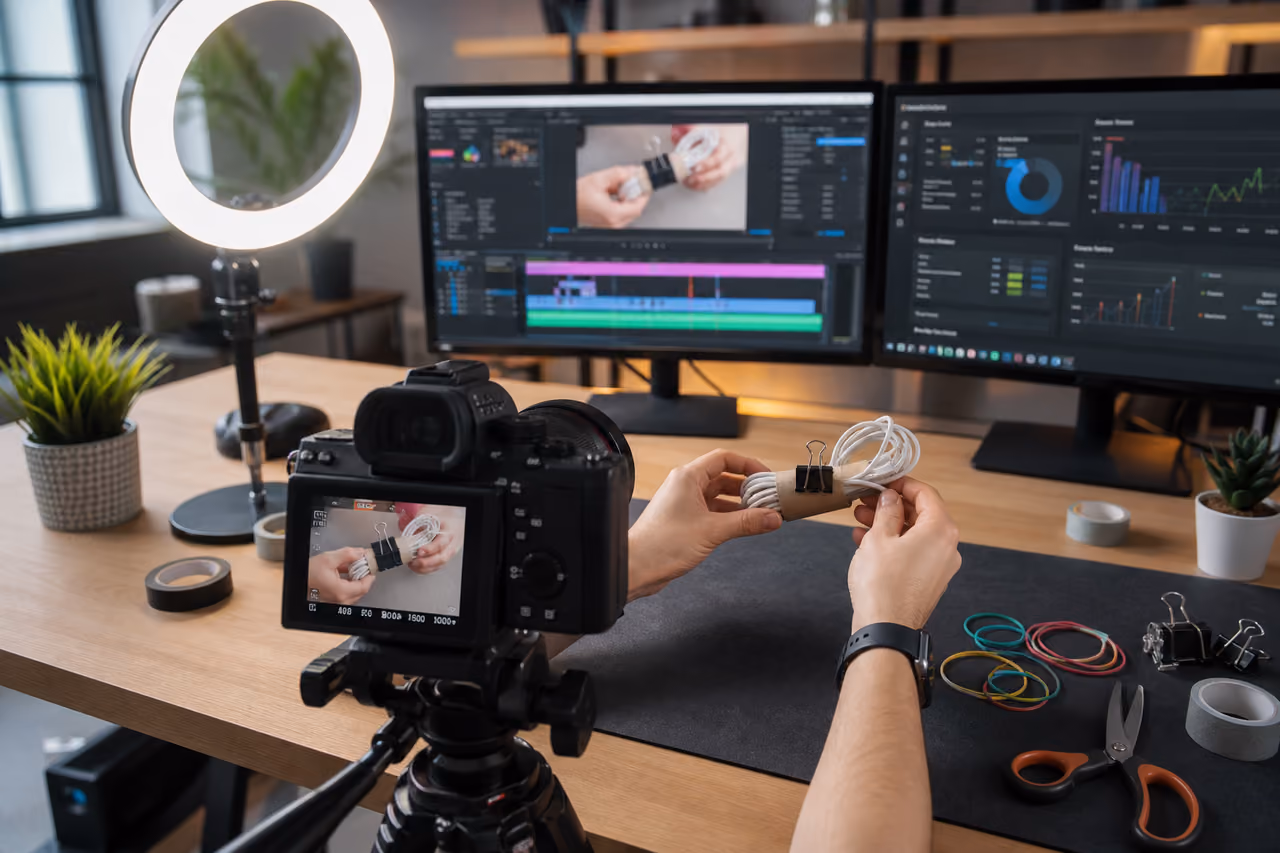 Content Creator Filming a DIY Hack in a Home Studio