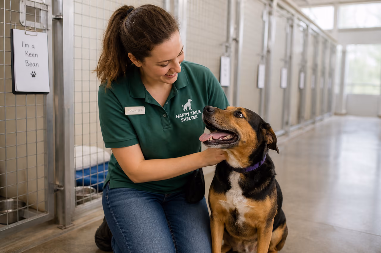 Volunteer Interacting with Rescue Dog at Animal Control Shelter