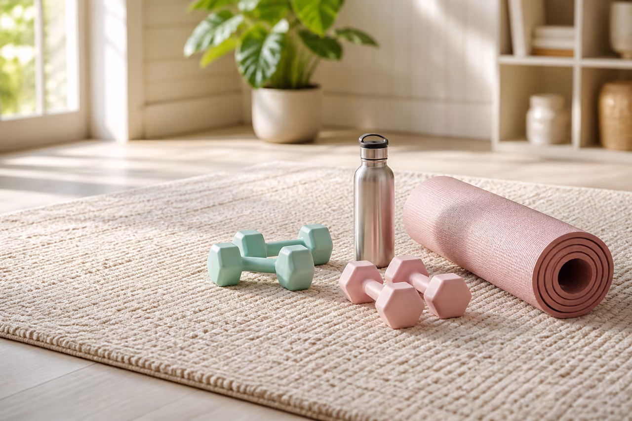 Fitness Equipment Arranged on Exercise Rugs in Modern Home