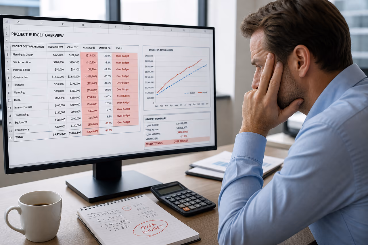 Stressed Project Manager Analyzing Budget Cost Overrun on Monitor