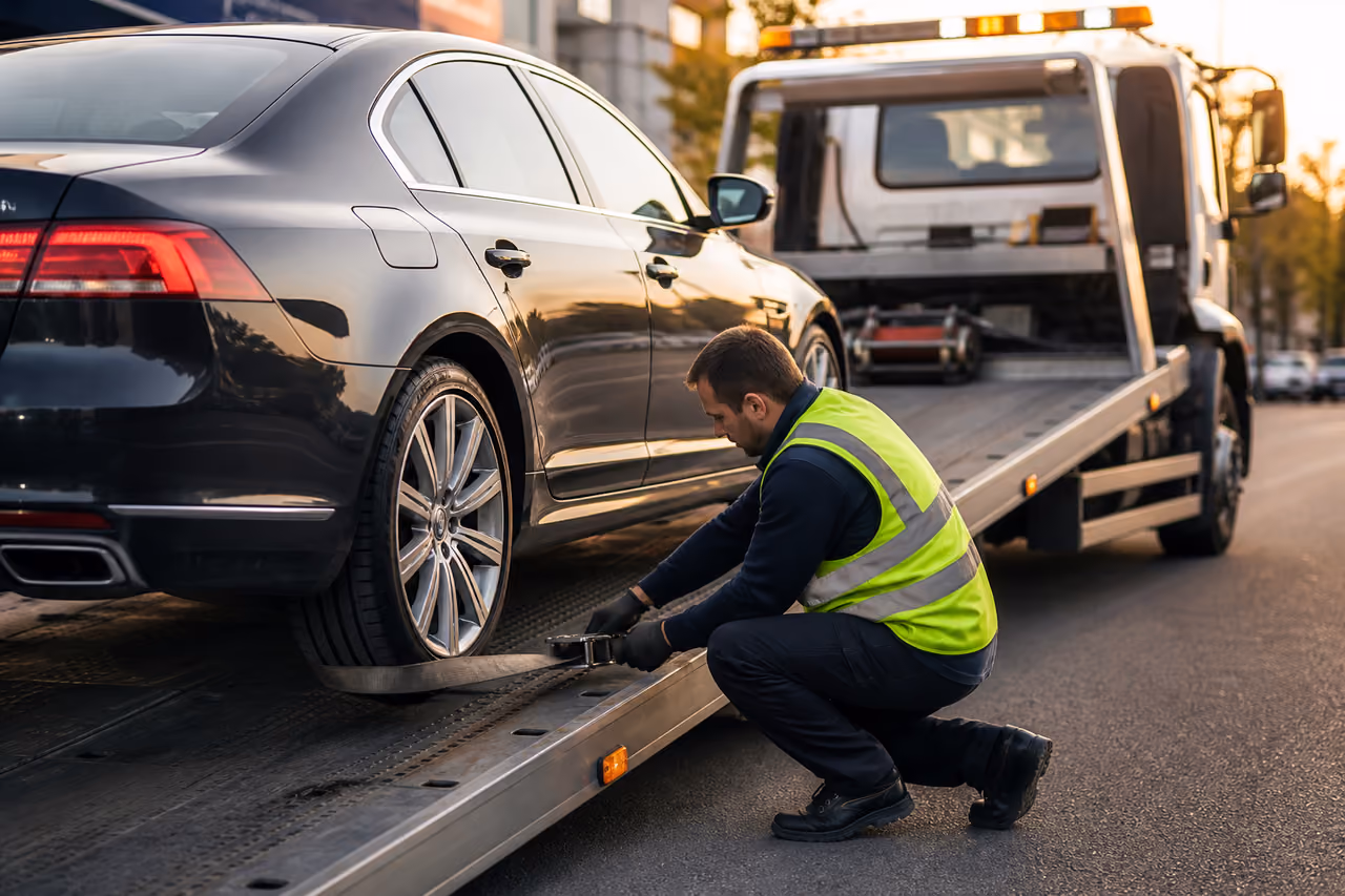 Luxury Sedan Being Loaded Onto Flatbed Tow Truck
