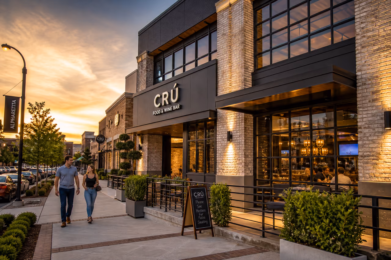 Modern Exterior of Milton's Alpharetta Restaurant at Dusk