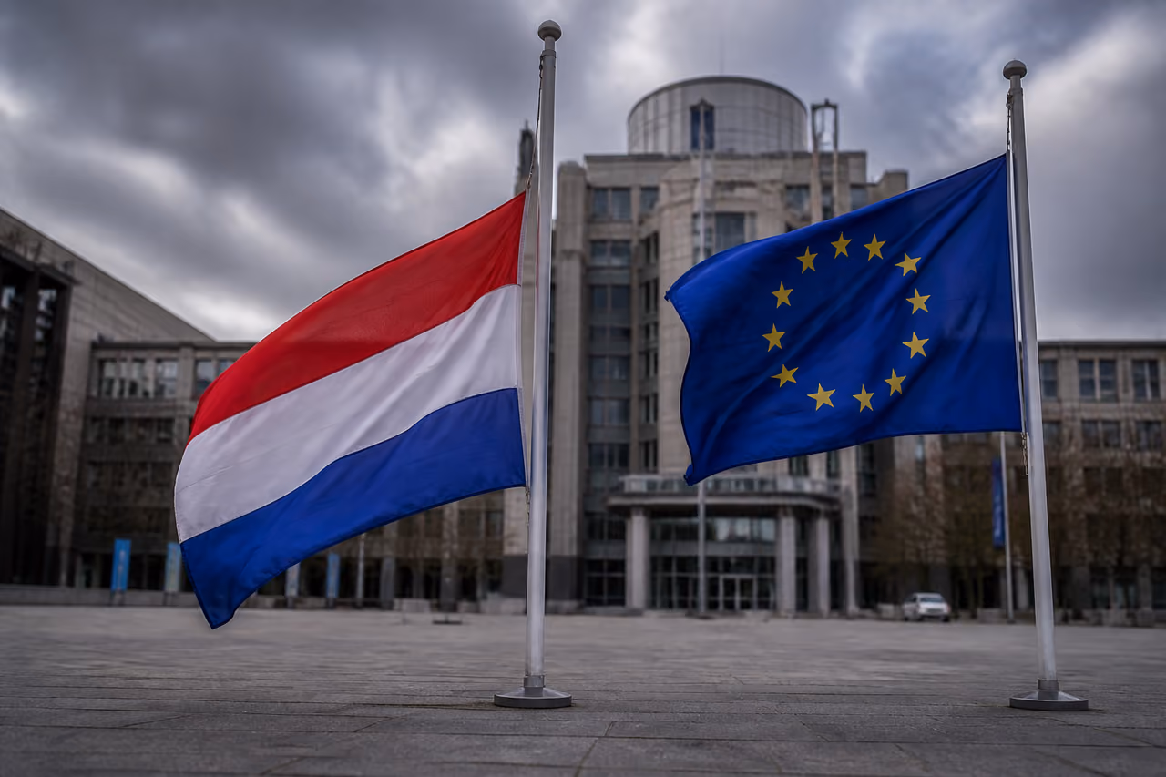Dutch and European Union Flags Standing Apart in the Hague