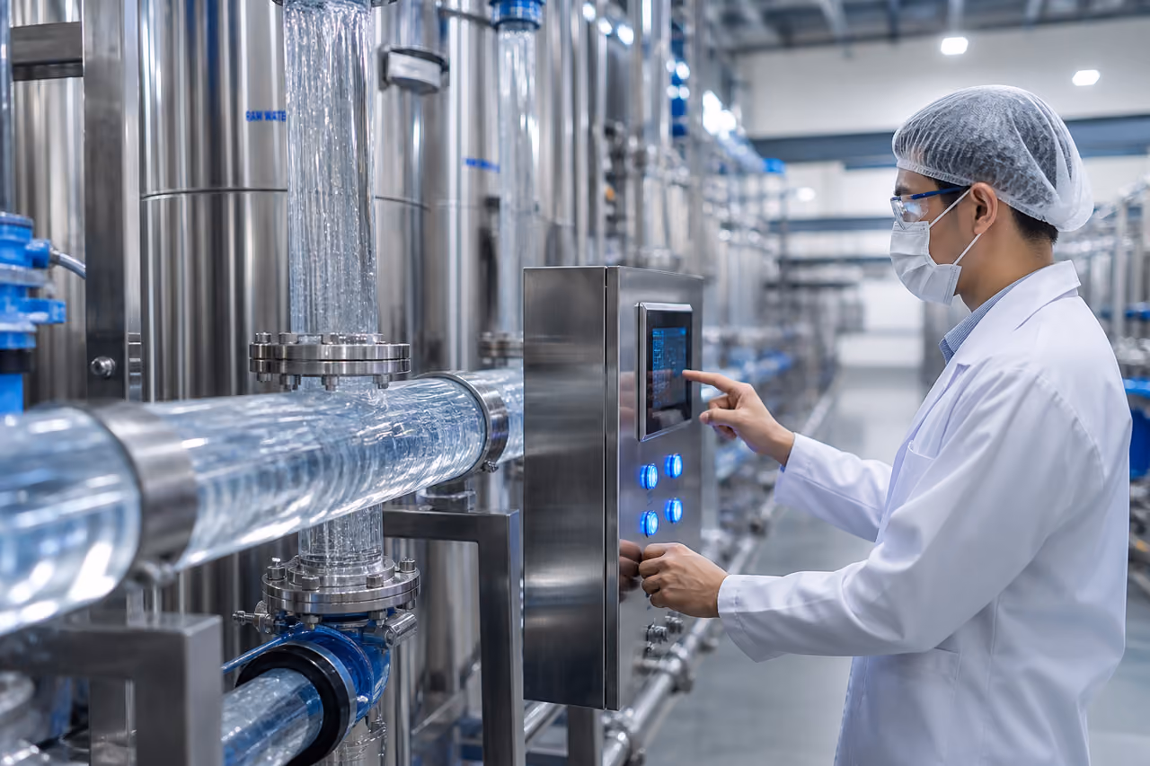 Technician Inspecting Equipment at a Water Purification Plant