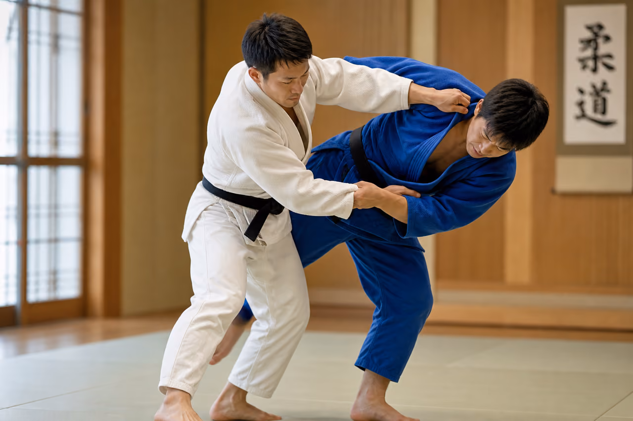 Judoka Practicing Uchikomi Technique in a Traditional Dojo