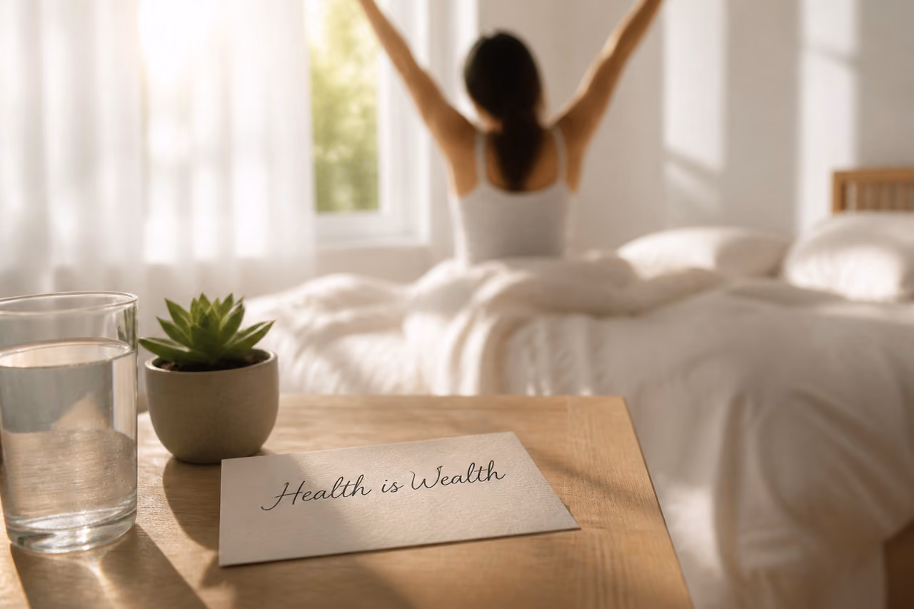 Handwritten Health Is Wealth Note on Sunlit Bedside Table