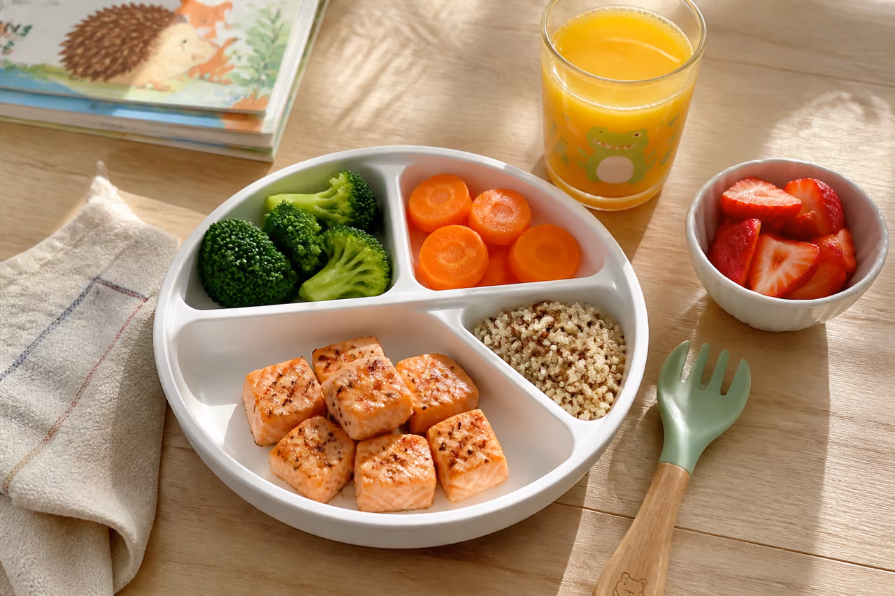 Balanced Nutritious Meal for Children on a Wooden Table