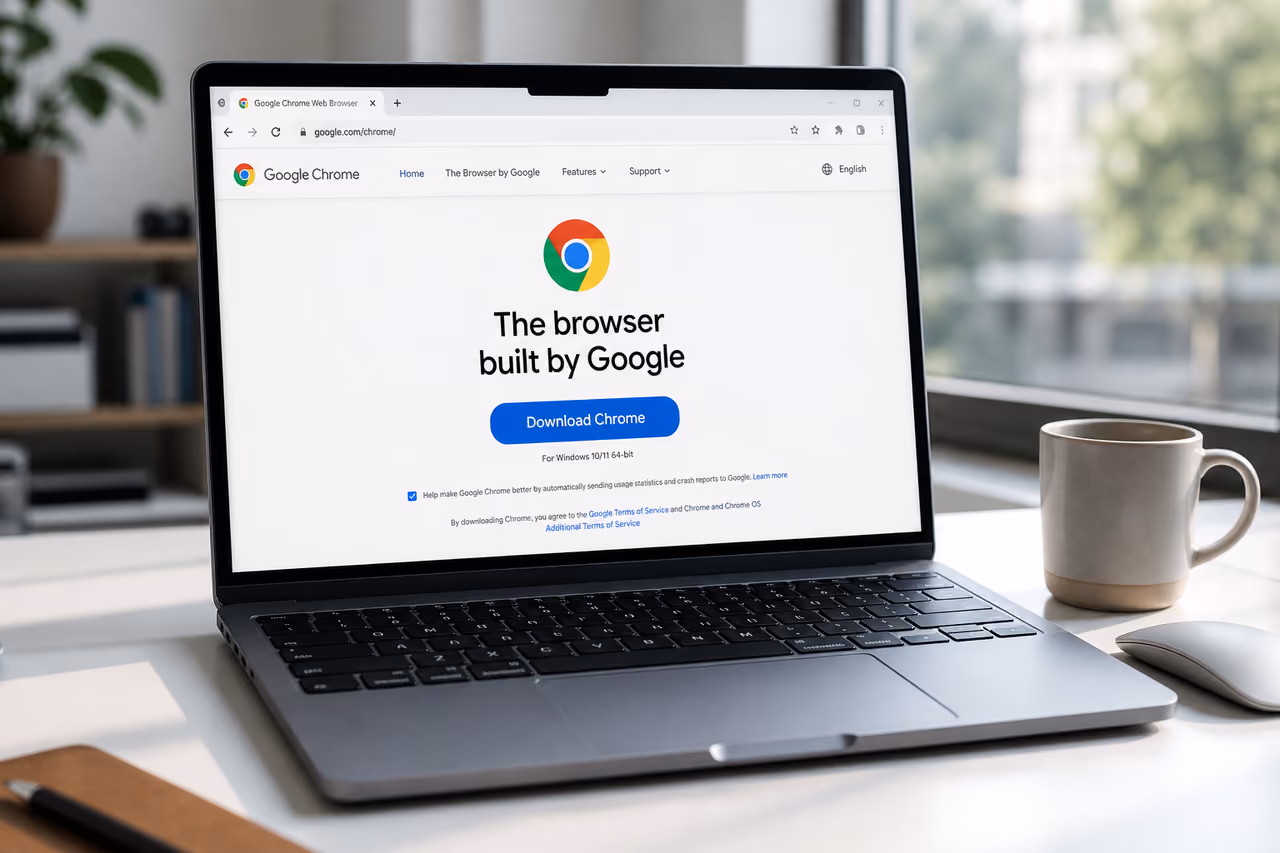 Laptop Displaying Web Browser Download Page on Desk