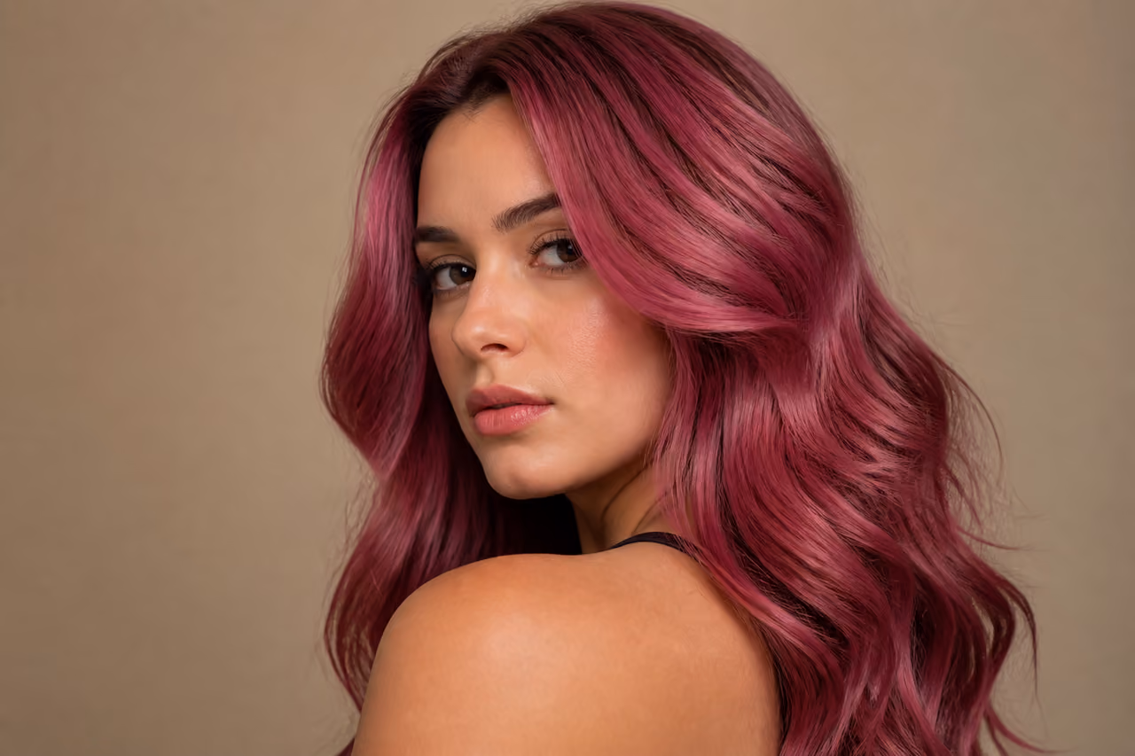 Woman with Vibrant Rose Color Hair Dye in Studio