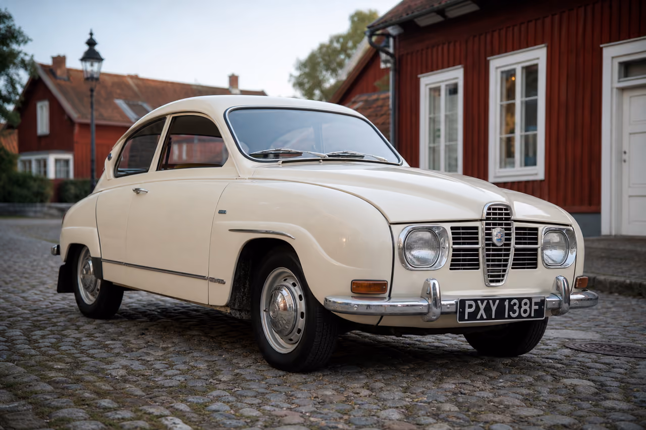 Vintage 1967 Saab 96 Parked on a Scandinavian Cobblestone Street