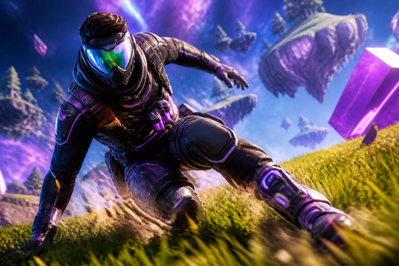 Stylized Gaming Character Sliding Through a Surreal Battle Arena