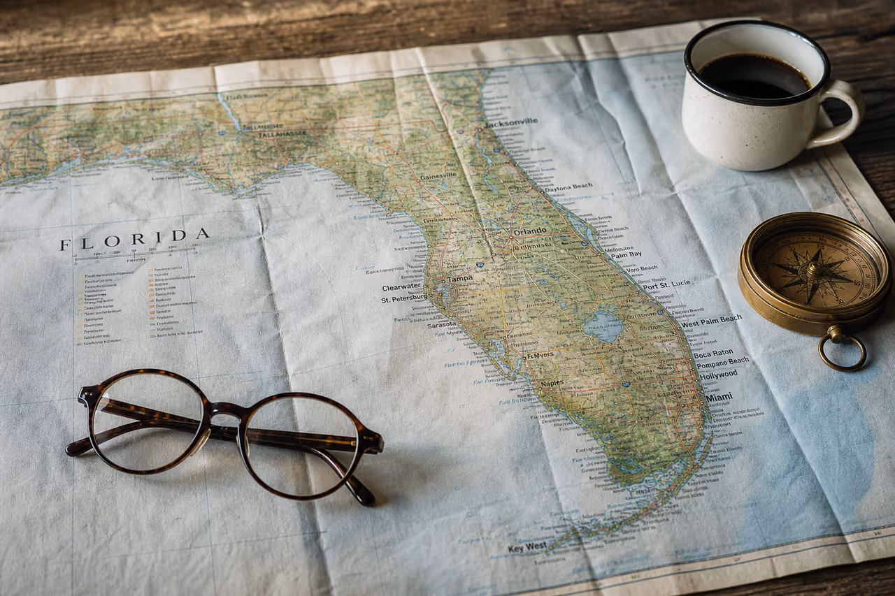 Physical Map of Florida with Compass and Coffee on Table