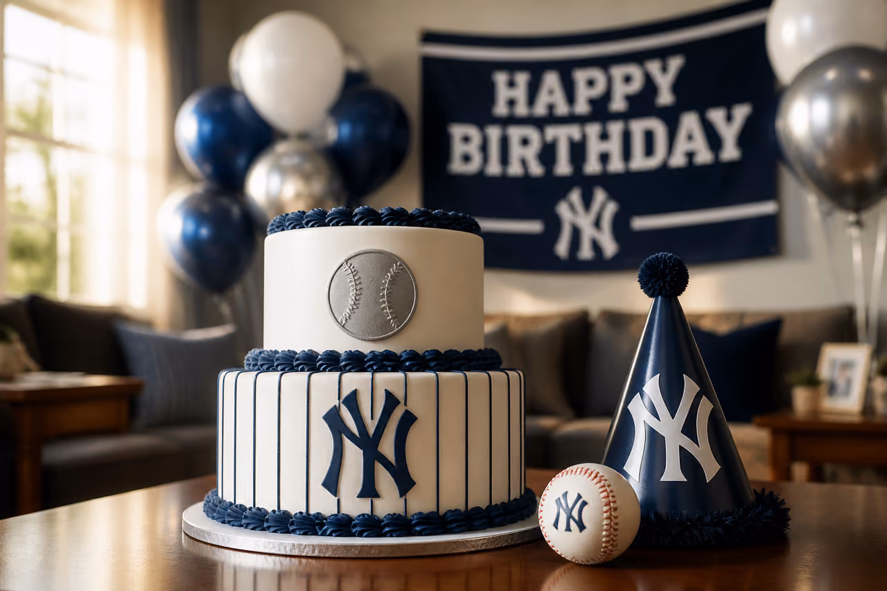 Baseball Themed Birthday Cake and Decorations on a Table