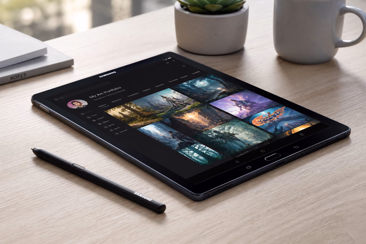 Samsung T830 Galaxy Tab S4 with Stylus on Wooden Desk