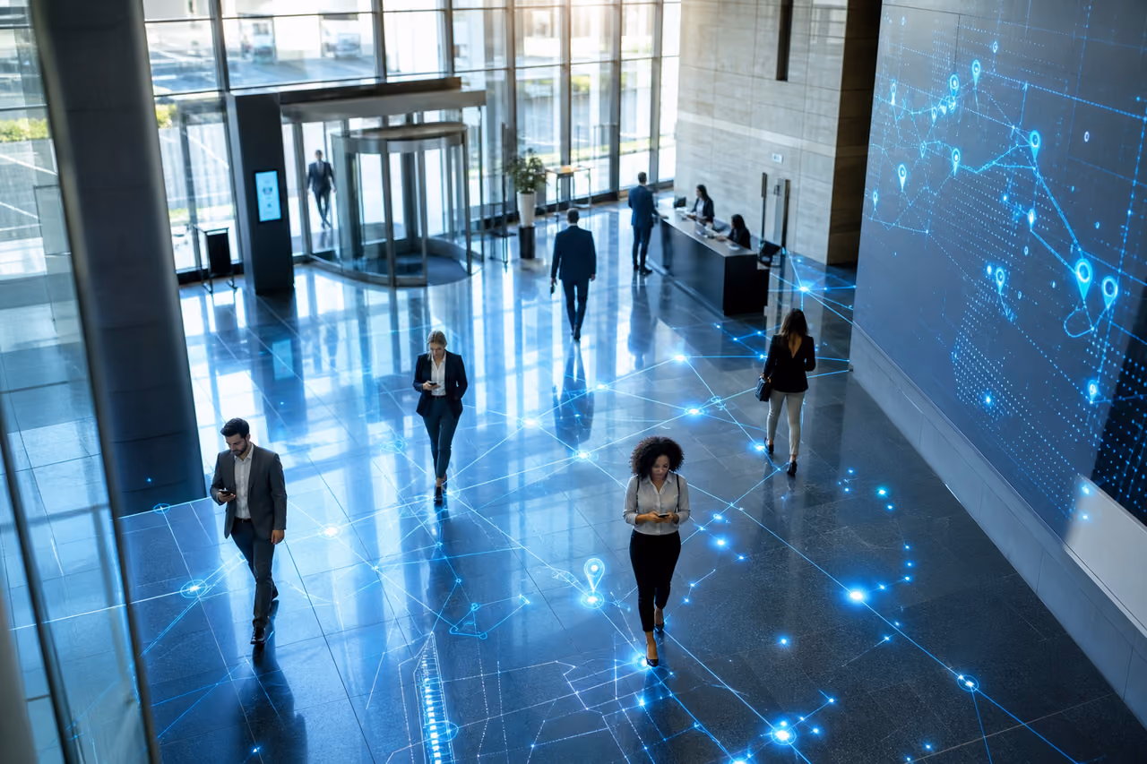 Business Professionals Using Indoor Positioning System in Modern Office