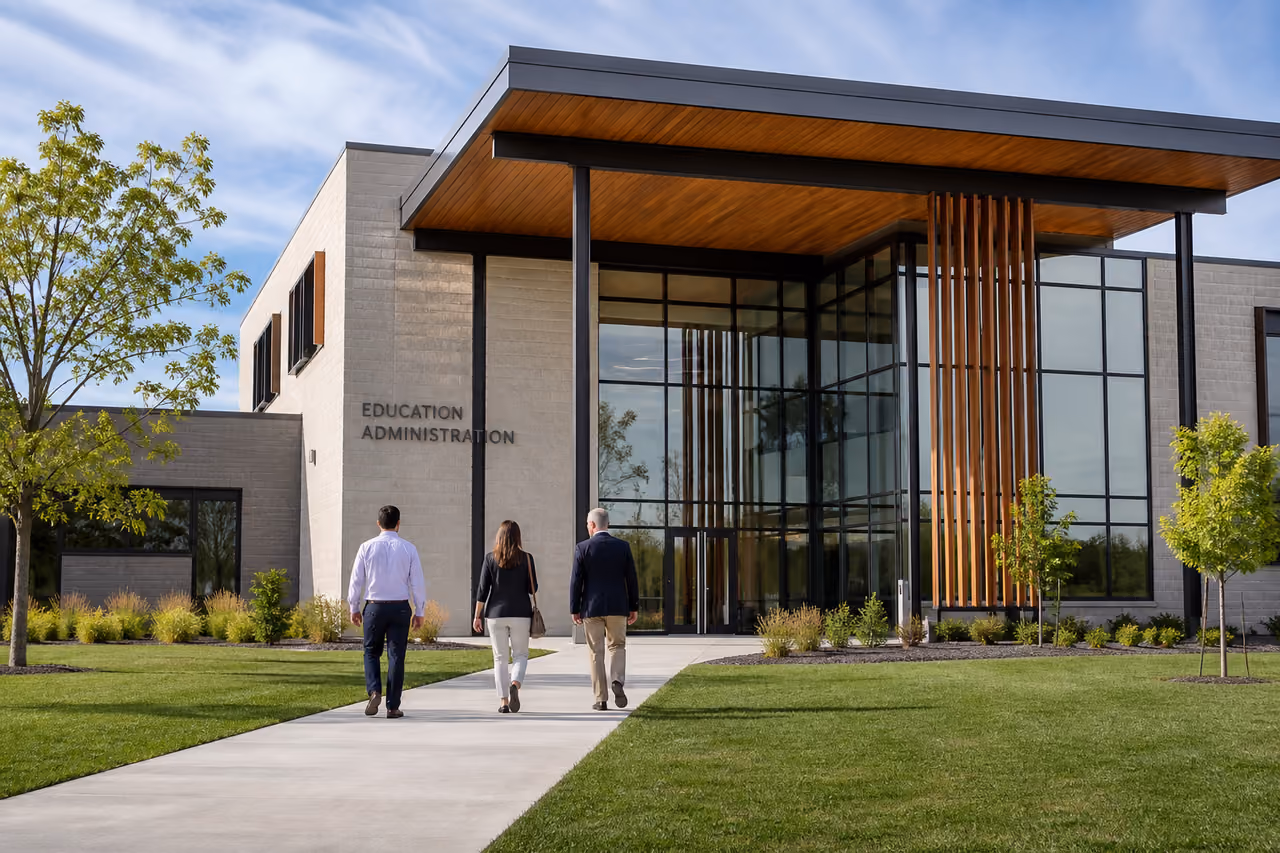 Modern Educational Administration Building with Glass Facade and Green Lawn
