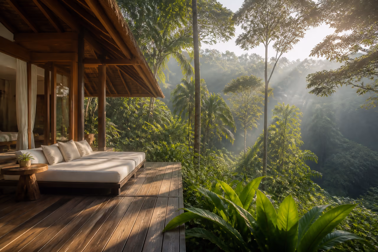 Luxury Eco Villa Deck Overlooking a Misty Tropical Rainforest