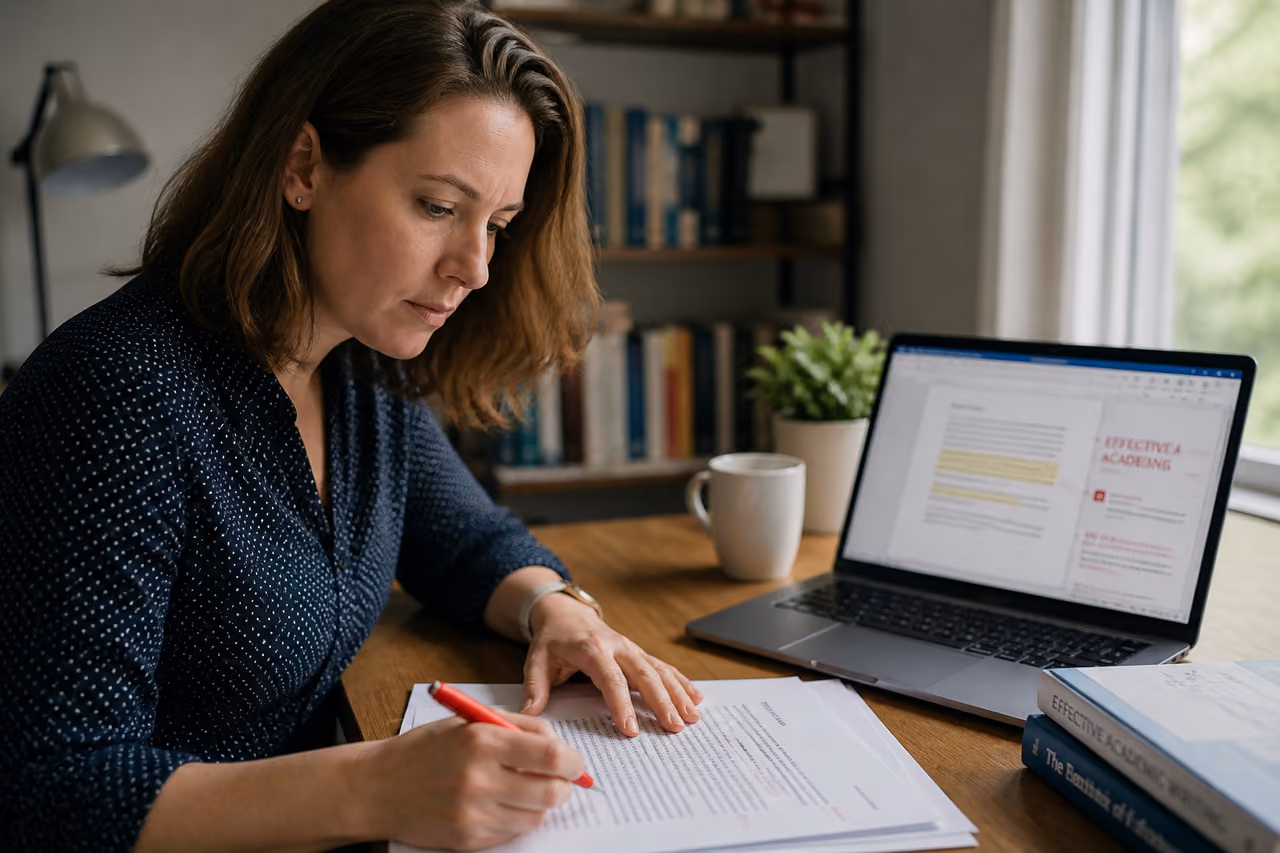Professional Editor Reviewing a Personal Statement at a Desk