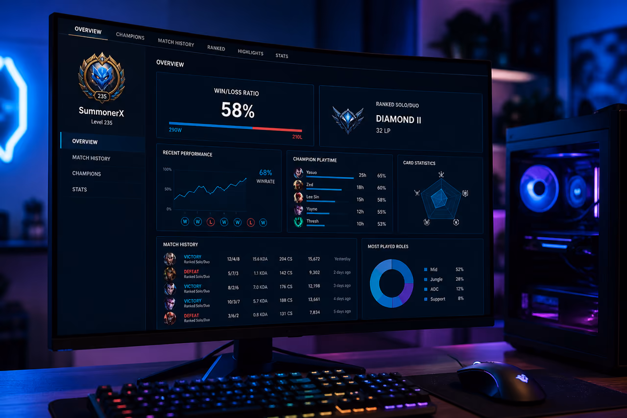 Gaming Monitor Displaying Win Loss Ratio Statistics