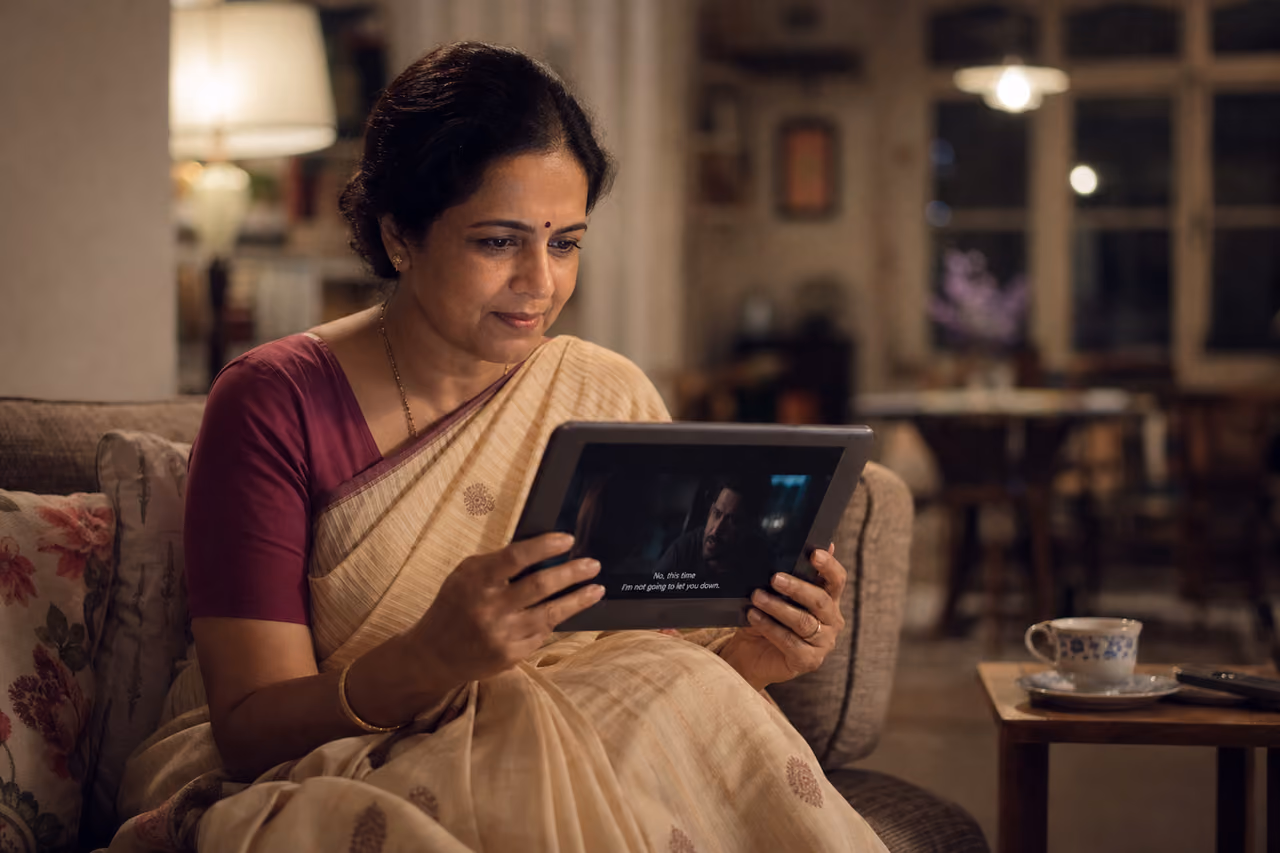 Indian Woman Watching Movie with English Subtitles on Tablet