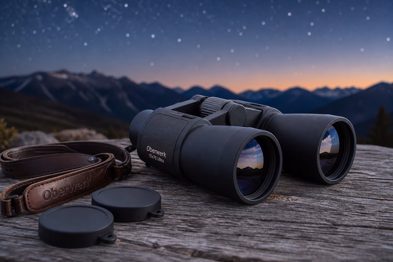 Oberwerk 15x70 Ultra Binoculars on a Wooden Table Under Stars