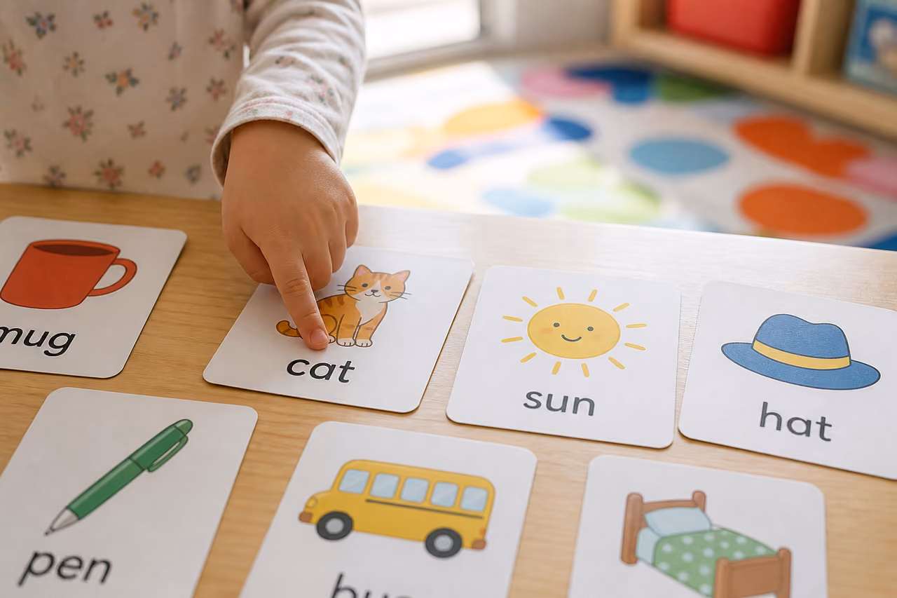 Child Using Early Reading Flash Cards on a Wooden Table