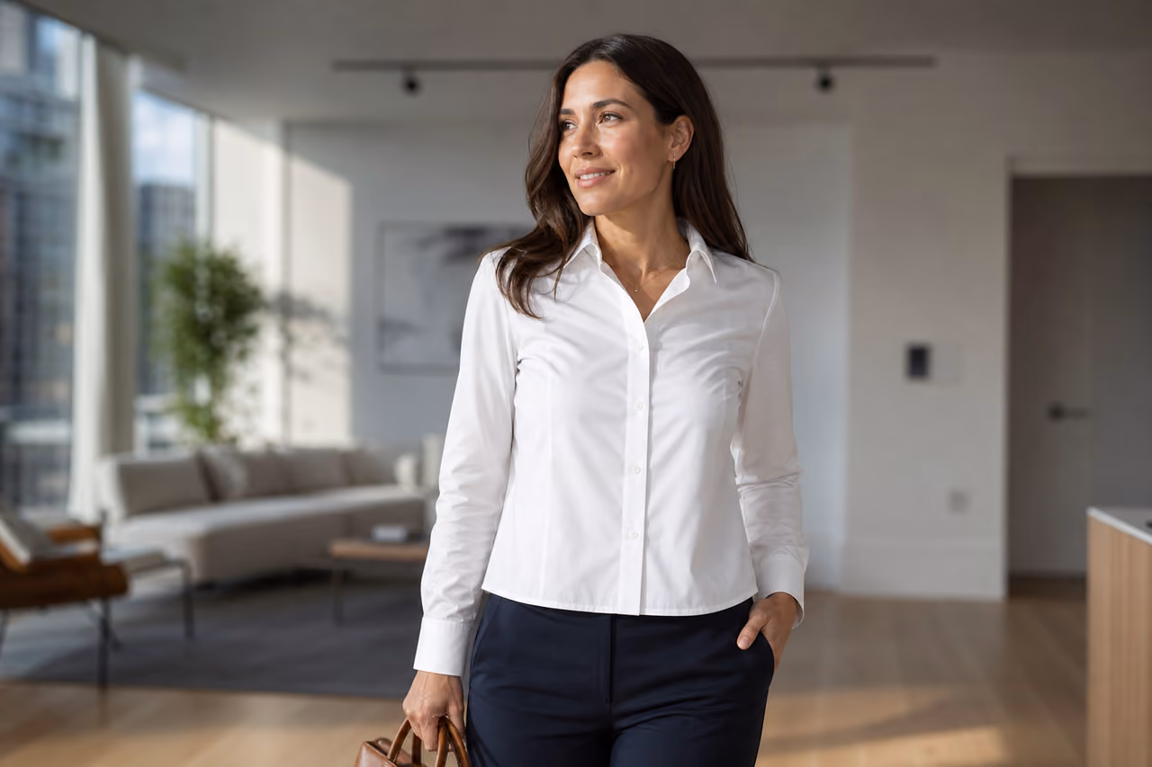 Woman Wearing Tailored Untucked Button Down Shirt in Modern Home