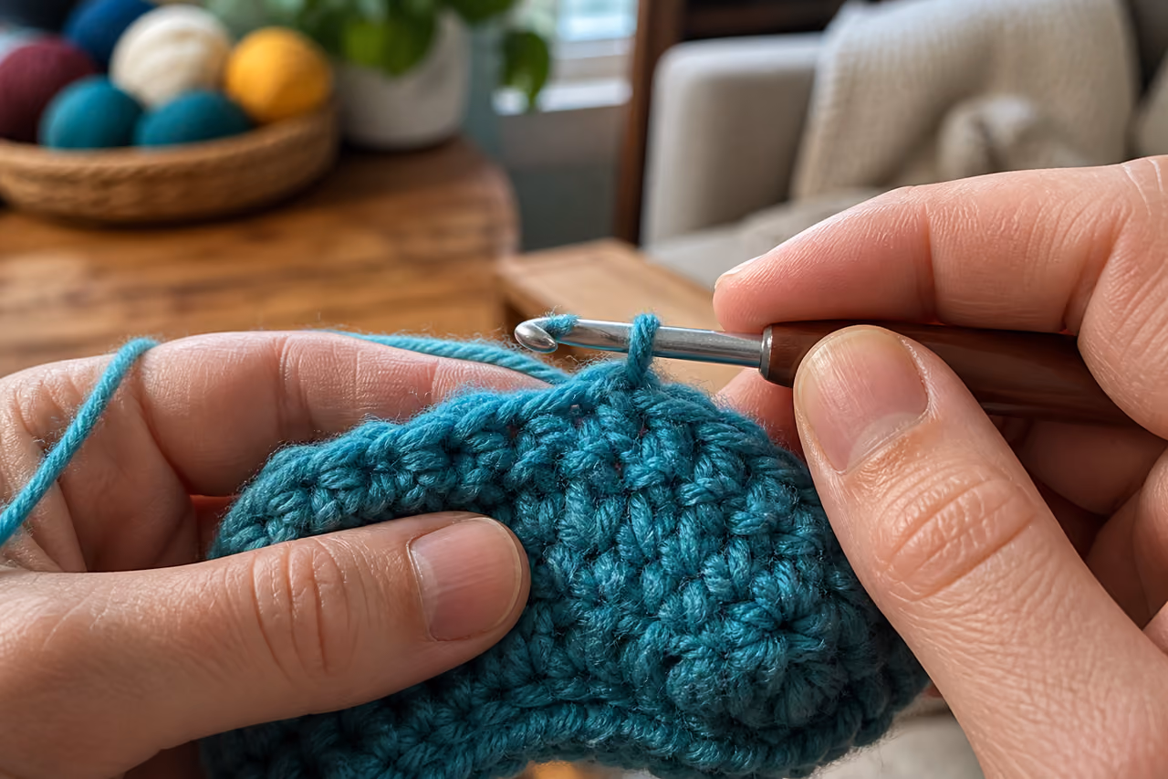 Hands Crocheting a Half Double Crochet Stitch on a Table
