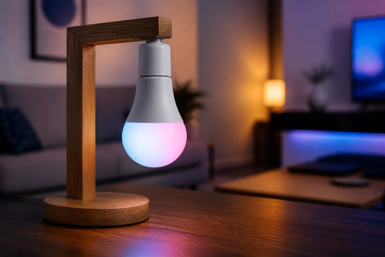 Smart Wi-Fi LED Light Bulb Screwed Into Table Lamp