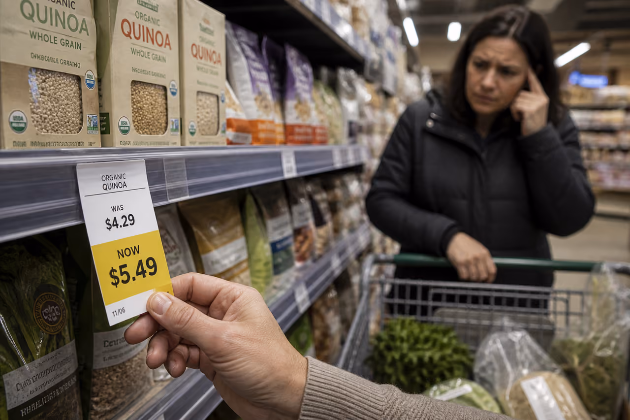 Shopper Observing Rising Prices on Grocery Store Shelf