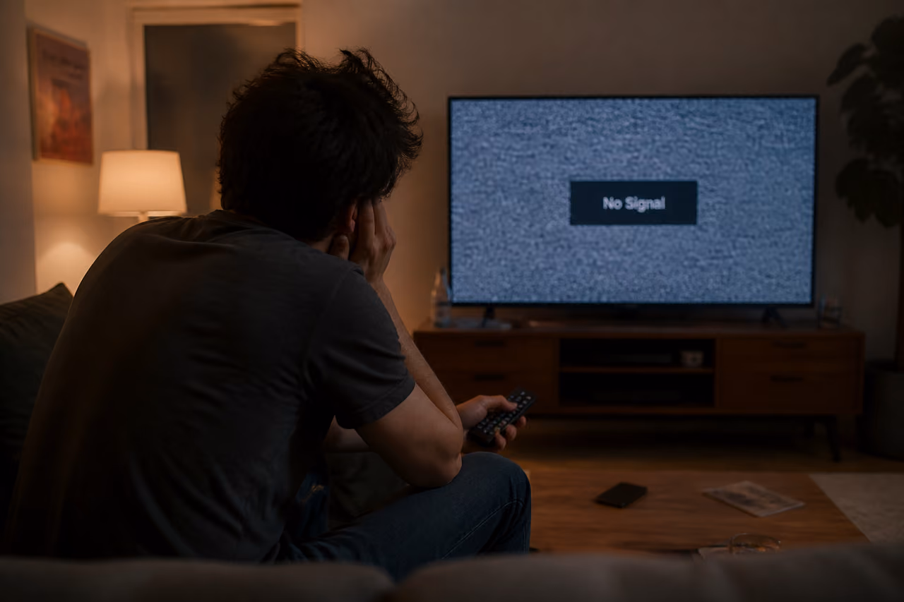 Frustrated Person Staring at No Signal TV Screen