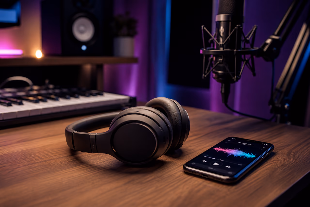 Wireless Headphones and Smartphone on a Music Studio Desk