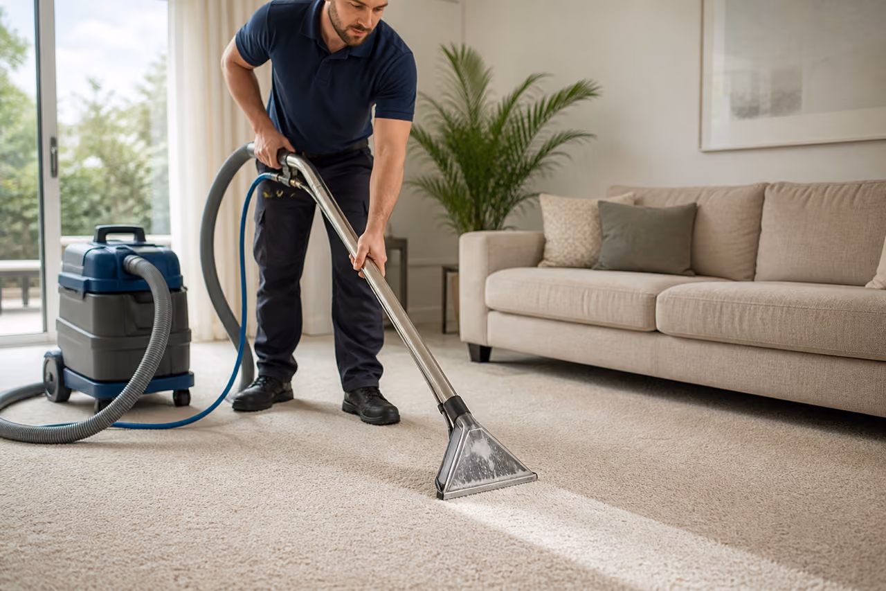 Professional Technician Performing Carpet Cleaning in a Modern Living Room