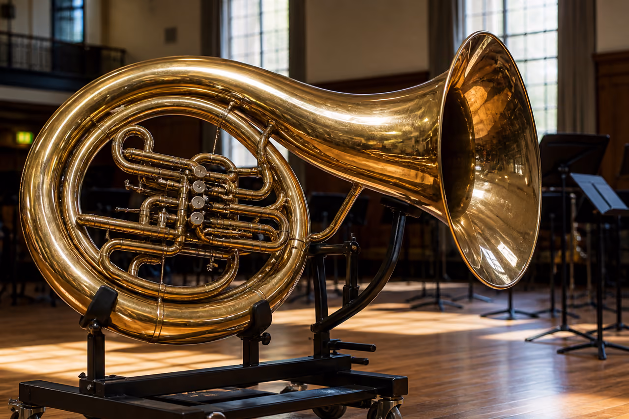 Polished Brass Sousaphone Resting on a Music Stand