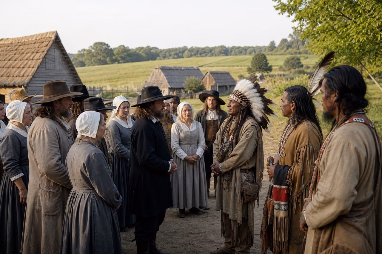 Quakers and Native Americans Conversing in Colonial Pennsylvania