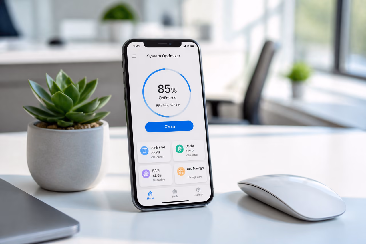 Smartphone Displaying a System Optimization App on a Minimalist Desk