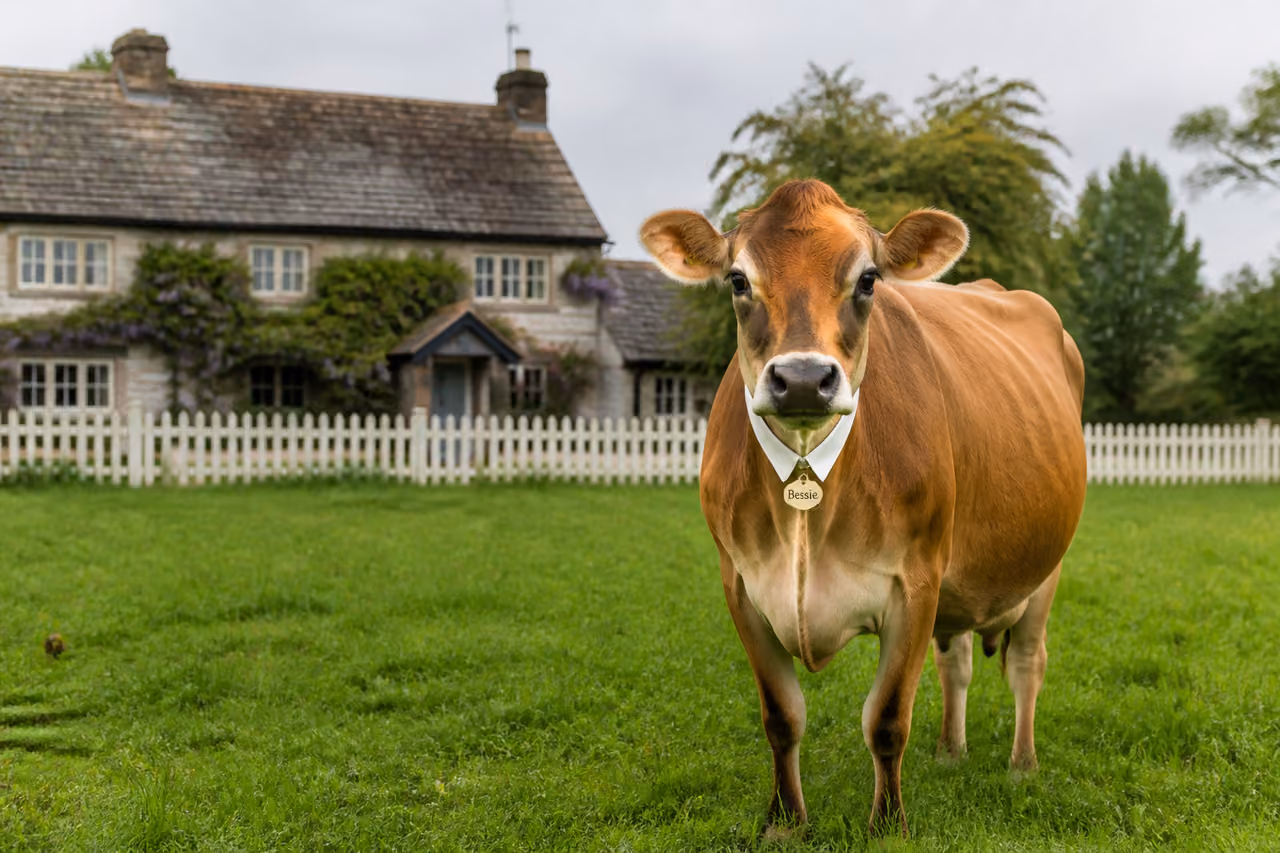 Brown Cow Wearing Professional Collar in English Pasture