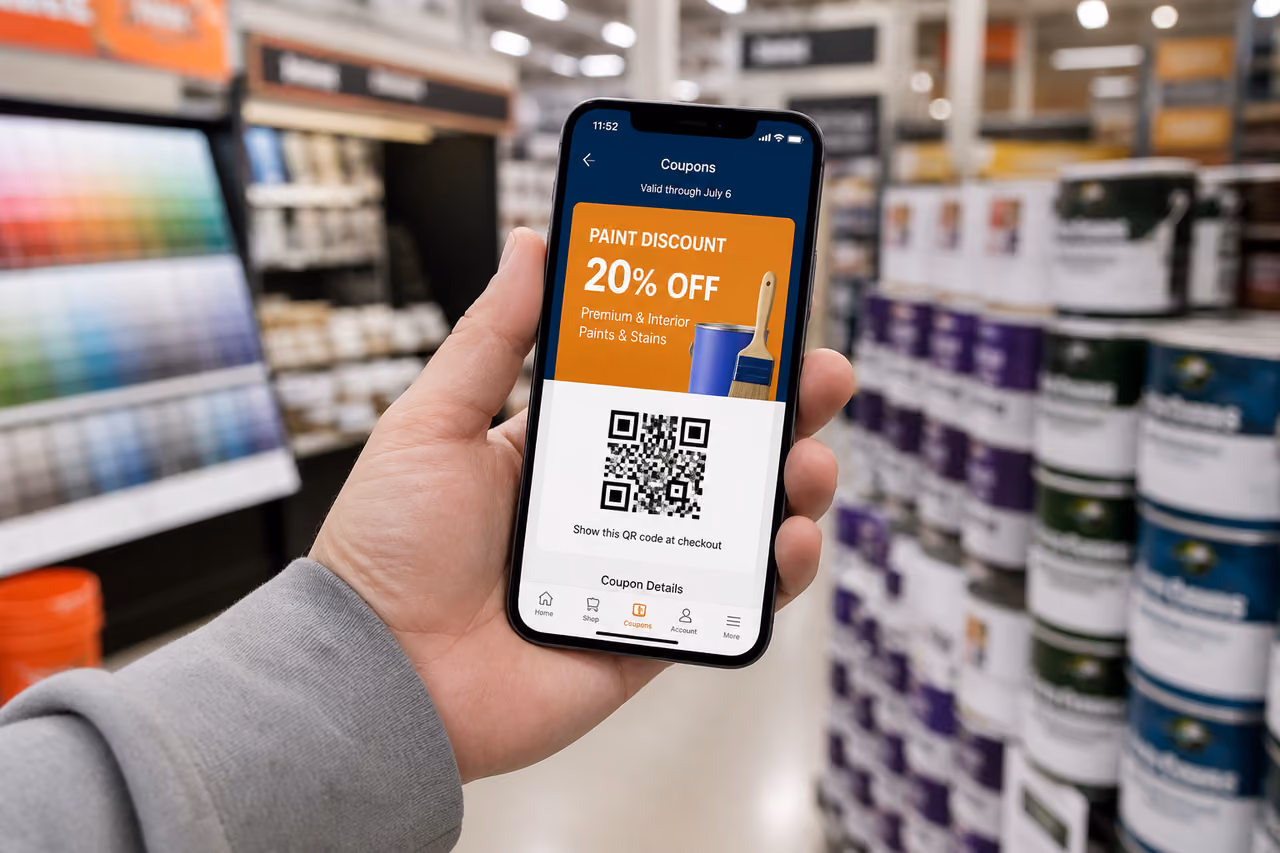 Person Holding Smartphone with Paint Discount Coupon in Store