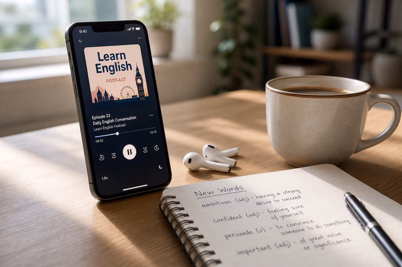Smartphone Playing English Audio Lesson on a Study Desk